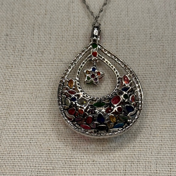 Platinum Plated Sterling Silver pendant with cubic zirconia & multicoloured gems - Picture 9 of 13